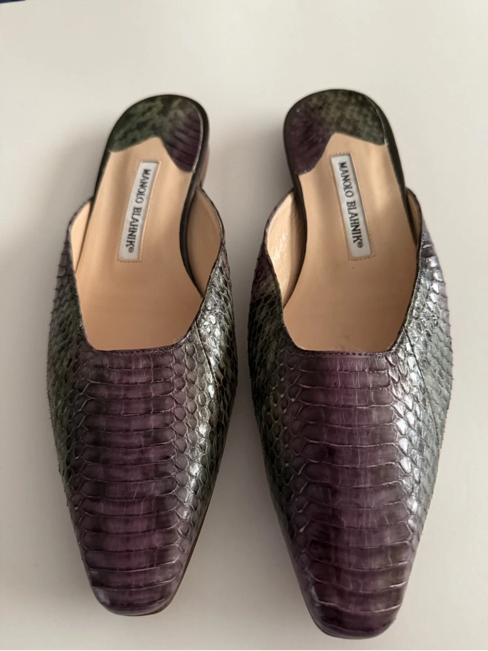 Manolo Blahnik Purple and Green Snakeskin Backless Mules